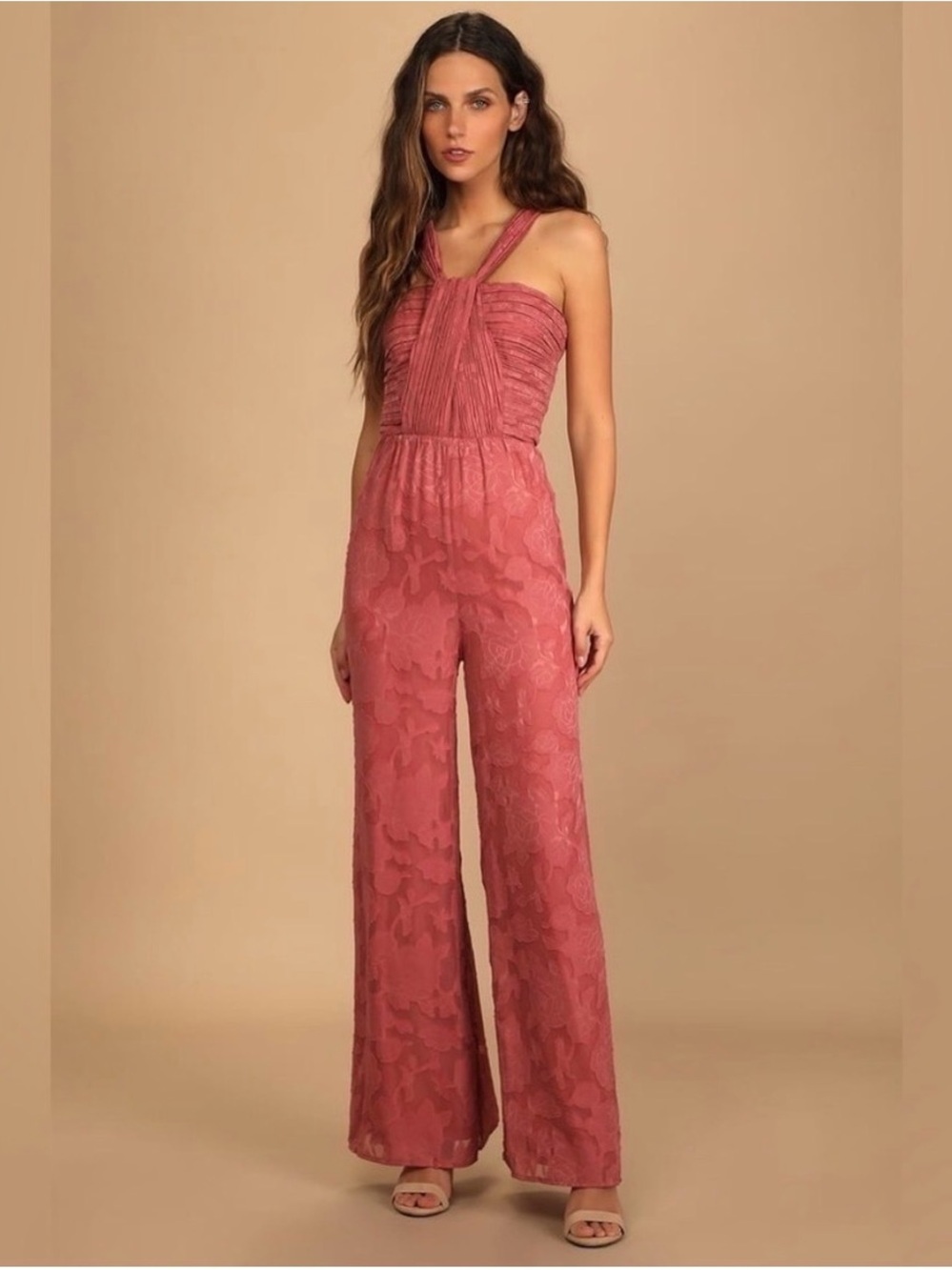 Lulus Lovely Celebration Floral Burnout Chiffon Jumpsuit deep Rose size Medium